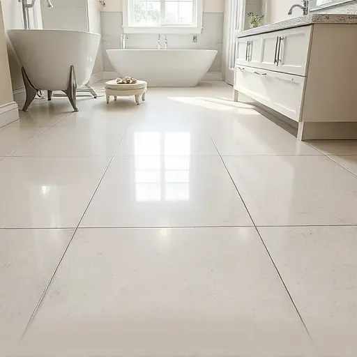 Close-up of freshly installed neutral-tone ceramic bathroom floor tiles with polished finish, precise grout lines, reflecting modern craftsmanship