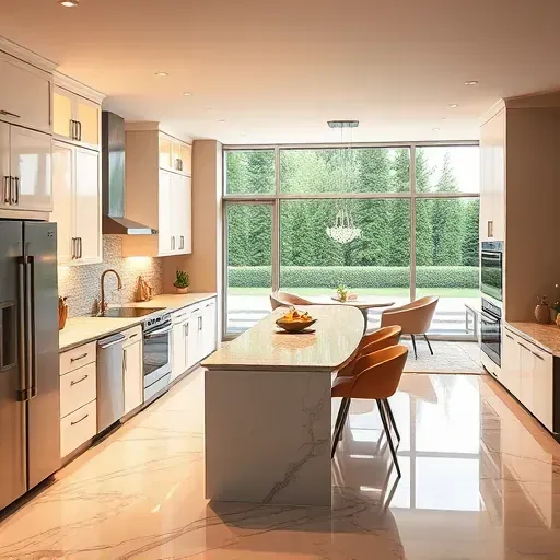 Modern kitchen remodel in Laurel MD with marble countertops, sleek cabinetry, and open living area, featuring natural light.