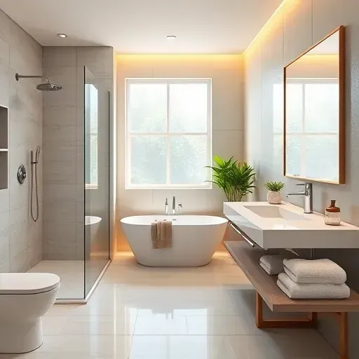 Remodeled Annandale VA bathroom with modern fixtures, walk-in shower, freestanding tub, floating vanity, neutral tones, and natural light