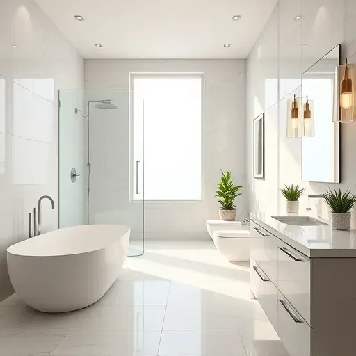 Completed modern bathroom in Springfield VA with sleek fixtures, marble countertops, frosted glass shower, and natural lighting