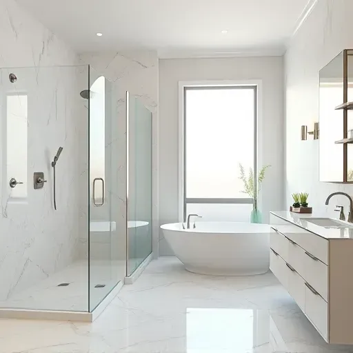 Remodeled Vienna VA bathroom with walk-in shower, marble tiles, soaking tub, modern vanities, natural light, and elegant finishes