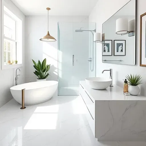 Renovated Fairfax bathroom with marble tiles, freestanding tub, glass shower, marble vanity, modern decor, natural light