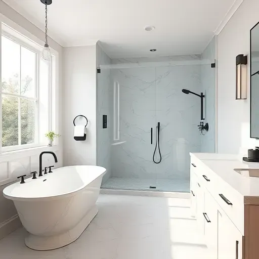 Beautifully remodeled Fairfax VA bathroom with modern fixtures, walk-in glass shower, soaking tub, and elegant marble accents.