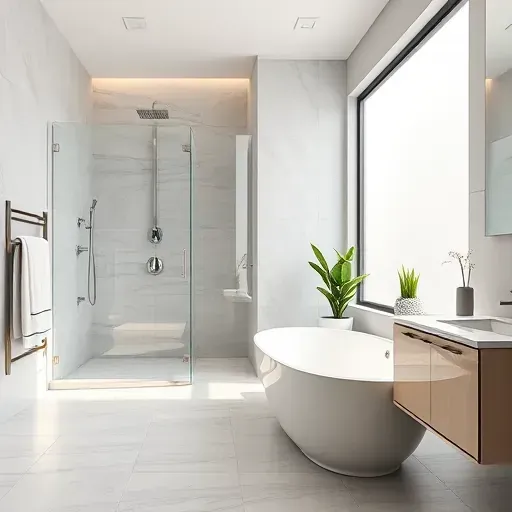 Renovated bathroom in Travilah MD with modern design, freestanding tub, glass shower, and high-end fixtures.