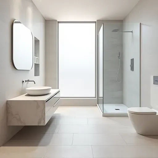Remodeled Laurel MD bathroom with frameless glass shower, marble vanity, vessel sink, polished chrome fixtures, and neutral porcelain tiles