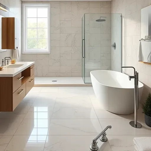 Freshly finished bathroom with high-quality ceramic tiles, sleek vanity, glass shower, modern bathtub, and natural lighting