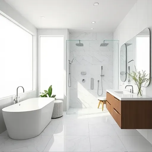 Modern Montgomery Village bathroom with soaking tub, glass shower, marble tiles, double vanity, natural light, and elegant fixtures