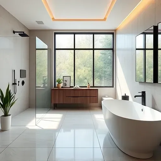 Modern bathroom remodel in Rockville MD featuring minimalist design, glass shower, freestanding tub, and luxury fixtures.