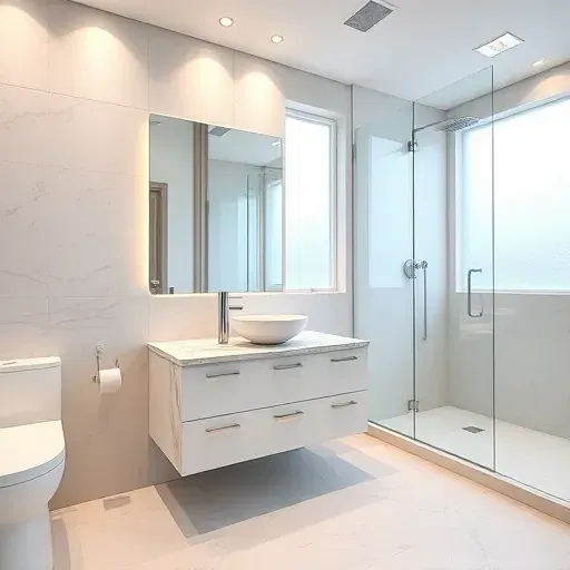 Modern remodeled bathroom in Herndon VA with marble vanity, vessel sink, chrome faucet, frosted glass windows, and frameless shower