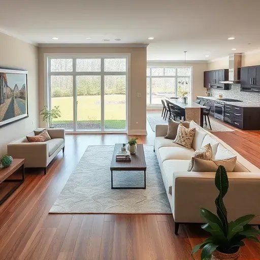 Modern living room in Reston VA with open floor plan, hardwood flooring, elegant furniture, and stylish kitchen.