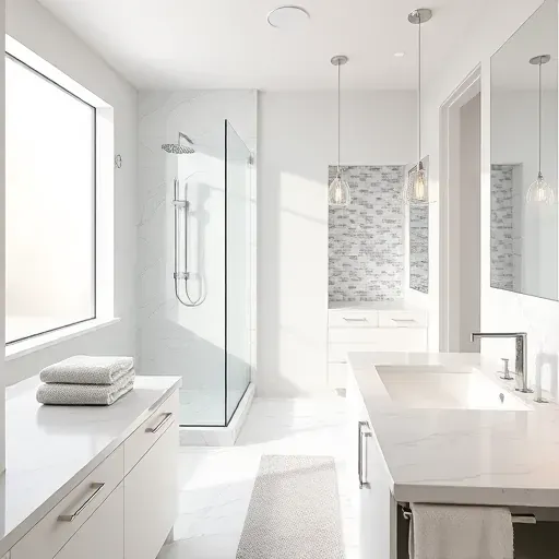 Modern remodeled bathroom in Vienna VA with walk-in glass shower, freestanding tub, marble countertops, and natural light