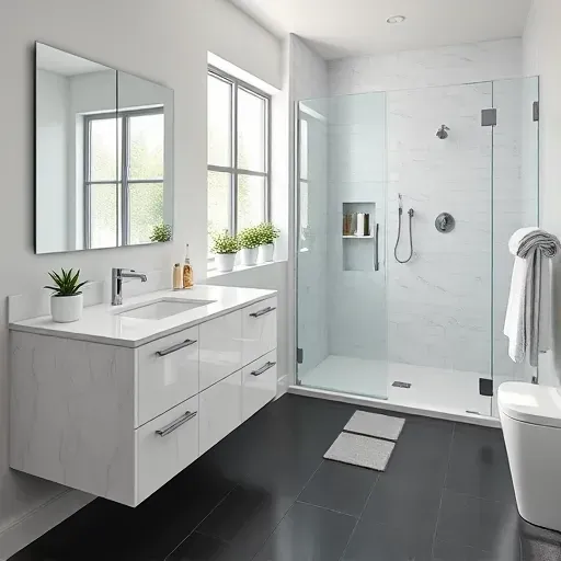 Freshly renovated Springfield VA bathroom with marble vanity, glass shower, and modern design accents. Natural light enhances space.