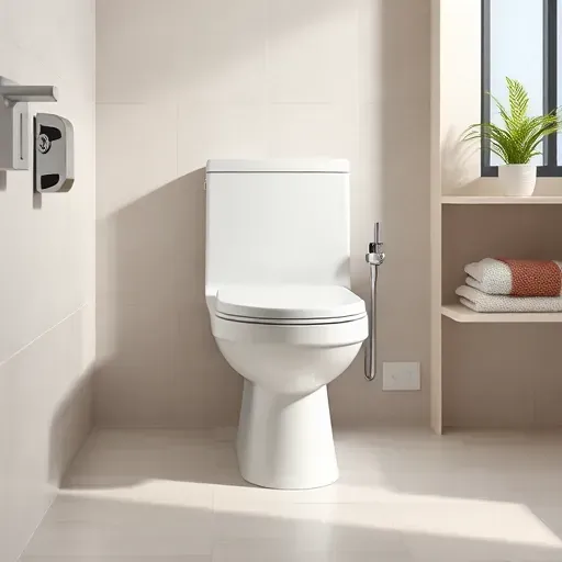 New white porcelain toilet in a modern clean bathroom with chrome fixtures, natural light, and organized decor in Rockville MD