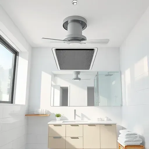 Bathroom with freshly installed modern exhaust fan in Rockville MD showing sleek white tiles and polished fixtures