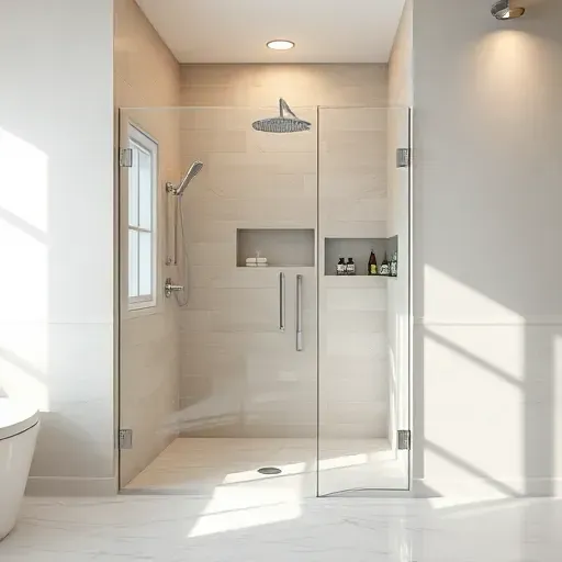 Modern minimalist bathroom with a sleek glass shower, polished tiles, chrome rainfall showerhead, and elegant marble flooring