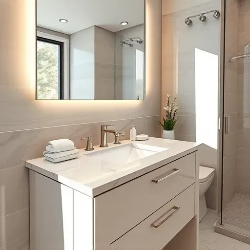 Recently installed modern bathroom vanity in Rockville MD with marble countertop, porcelain sink, brushed nickel fixtures, glossy tiles, and sleek mirror