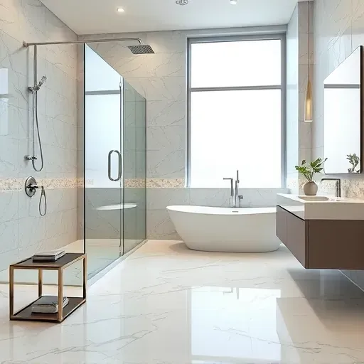 Renovated Rockville MD bathroom with glass shower, freestanding tub, marble floors, modern fixtures and elegant design