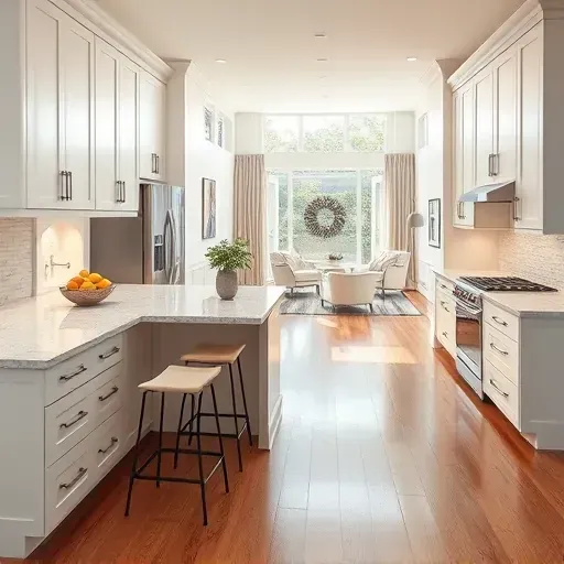 Modern kitchen remodel in Silver Spring MD with white cabinetry, marble countertops, natural light, and cozy decor.