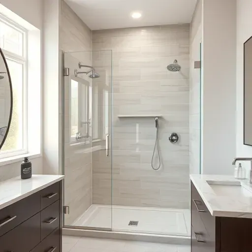 Renovated modern bathroom shower with glass doors chrome fixtures neutral tiles natural light marble vanity