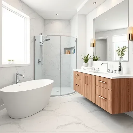 Modern bathroom remodel in Oxon Hill MD features gray and white marble tiles, freestanding tub, and glass shower.