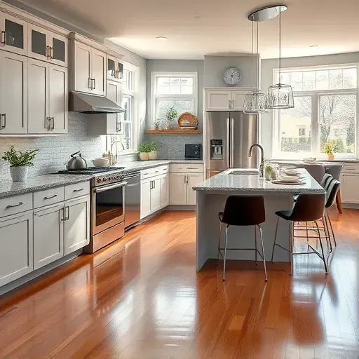 Beautifully renovated kitchen in Springfield VA with modern appliances, granite countertops, and polished hardwood floors.