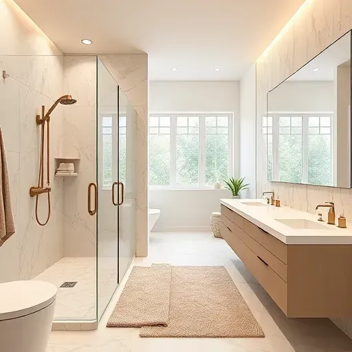 Luxurious renovated bathroom in McLean VA with modern fixtures, marble tiles, walk-in shower, and warm ambient lighting