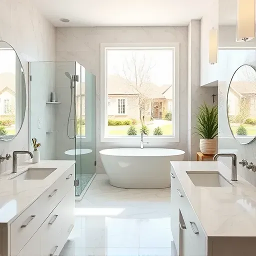 Freshly renovated modern bathroom in Rockville MD with marble countertops, walk-in shower, soaking tub, and natural light