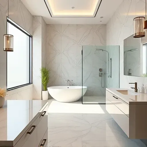 Modern renovated Kensington bathroom with marble countertops freestanding tub walk-in shower neutral tiles ample natural light