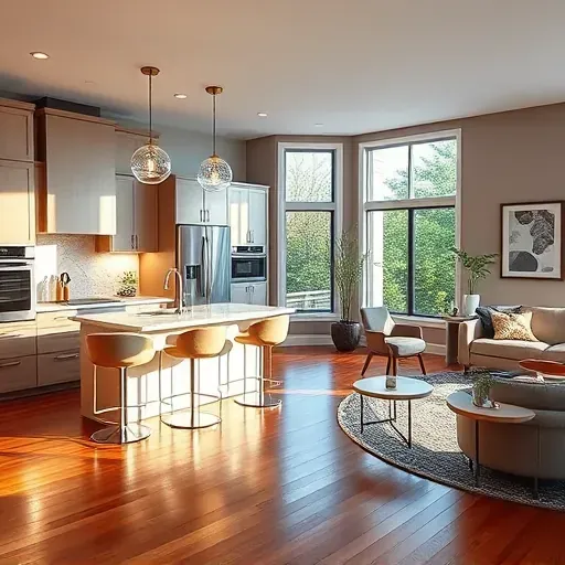 Modern kitchen remodel in Falls Church VA with marble counters, sleek cabinetry, and a cozy living area.