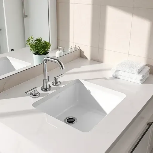 Freshly installed polished marble bathroom countertop with modern chrome fixtures, undermount sink, and neutral tiled wall