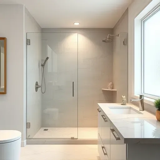 Remodeled modern shower in Rockville Maryland with sleek fixtures, neutral tile, natural light, and elegant bathroom details