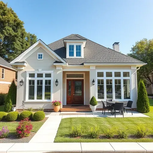 Modern home remodel in Poolesville MD featuring neutral exterior, landscaped gardens, sleek kitchen, and inviting entrance.