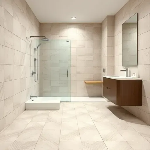 Renovated Rockville MD bathroom with neutral-toned ceramic tiles, sleek glass shower, modern vanity, and chrome fixtures