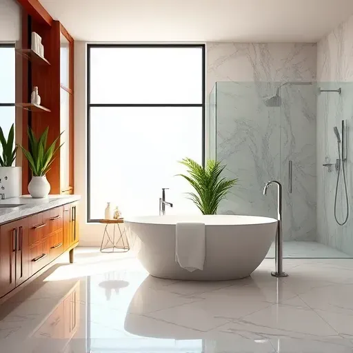 Beautiful modern bathroom in Burtonsville MD with freestanding tub marble countertops glass shower polished tiles greenery natural light