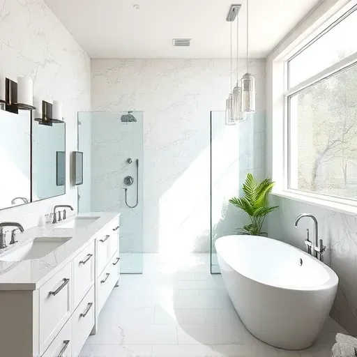 Beautiful finished Rockville MD bathroom remodel with marble countertops, glass shower, freestanding tub, stylish fixtures