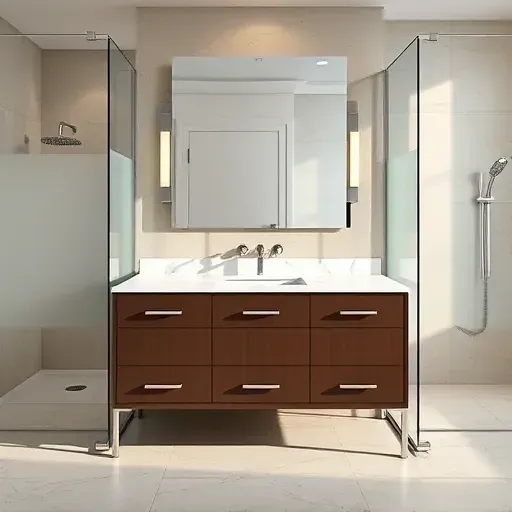 Modern upscale bathroom with sleek vanity, marble countertop, chrome fixtures, frosted glass shower, elegant tile floor and minimalist mirror