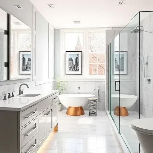 Remodeled Washington DC bathroom with marble countertops chrome fixtures spacious glass shower sleek cabinetry and city skyline decor