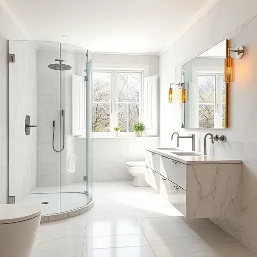 Modern renovated Hyattsville MD bathroom with walk-in shower, marble tiles, sleek fixtures, large porcelain floor tiles, and natural light