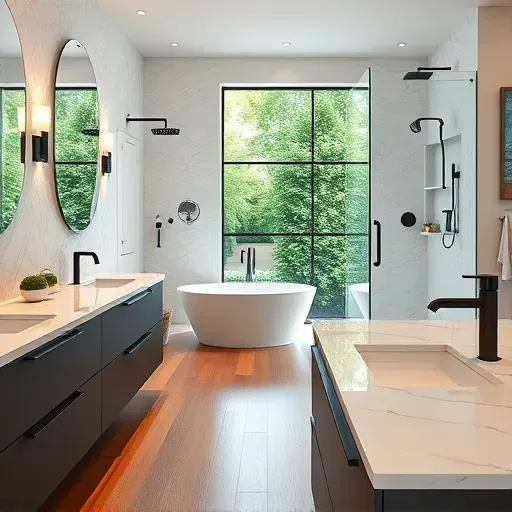 Remodeled Gaithersburg bathroom with marble countertops black fixtures walk-in shower tub and garden view