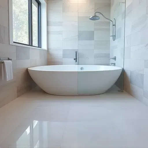 Beautiful modern bathroom featuring seamless waterproofing around bathtub and shower with glossy sealed floors and neutral tile walls
