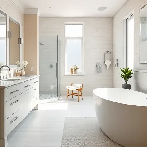 Renovated Clarksburg Maryland bathroom with sleek fixtures, walk-in glass shower, soaking tub, custom cabinetry, natural light.