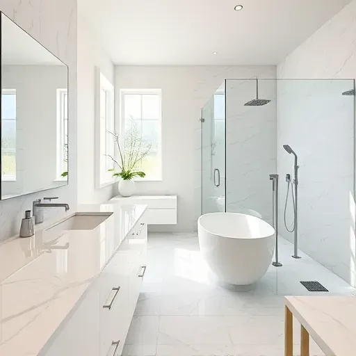 Renovated Rockville MD bathroom with marble countertops, freestanding tub, glass shower, modern fixtures, and natural light