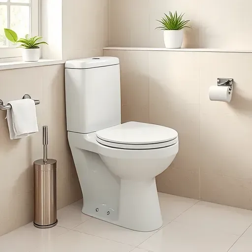 Freshly installed white toilet with chrome fixtures in a bright modern bathroom featuring beige tiles and organized accessories