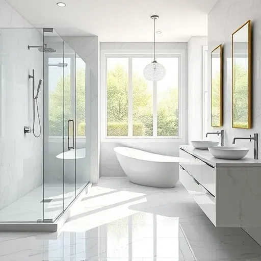 Remodeled luxury bathroom in Chevy Chase MD with walk-in glass shower, soaking tub, quartz vanity, and marble floors