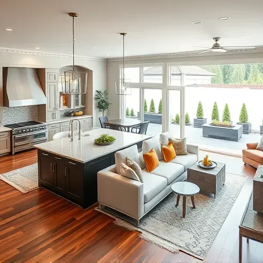 Modern kitchen and living room in a home remodel in Annandale VA, featuring sleek appliances and inviting outdoor patio.