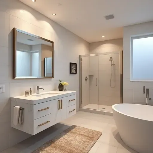 Finished modern bathroom in Rockville MD with LED lighting highlighting sleek fixtures, marble vanity, and clean design