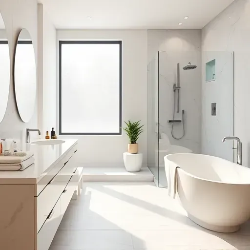 Modern renovated Washington DC bathroom with white marble countertops, glass shower, freestanding tub, and natural lighting