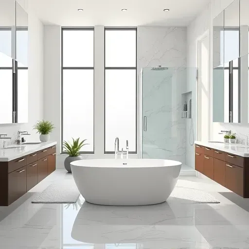 Renovated Bethesda Maryland bathroom with modern fixtures, walk-in shower, marble countertops, freestanding tub and sleek design