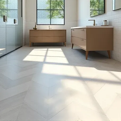 Elegant bathroom with large porcelain herringbone tiles in light gray and beige, polished finish, natural lighting, modern fixtures
