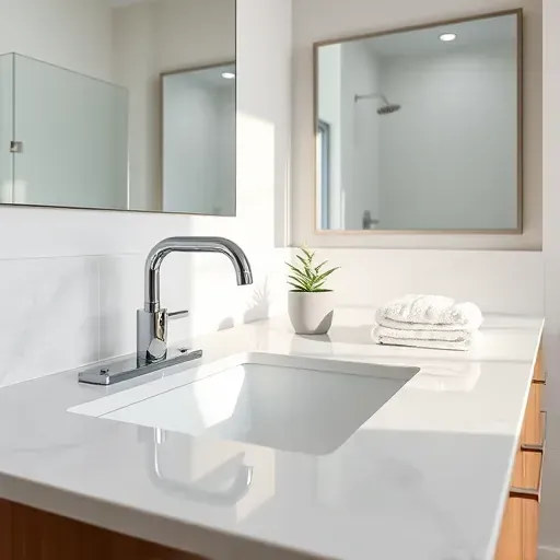 Renovated Rockville MD bathroom with sleek marble countertop, chrome fixtures, minimal accessories, and modern decor